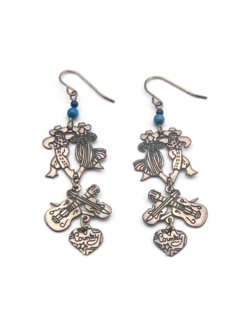 Vintage Silver Tone and Blue Bead Country Western Music Charms Dangle Earrings.